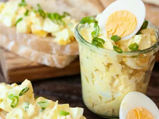Cremiger Eiersalat mit Schnittlauch, serviert im Glas und auf Brot. Ein einfaches eiersalat rezept für jeden Tag.