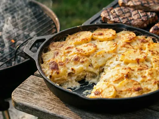 Herzhaftes Kartoffelgratin im Gusseisen, perfekt für ein Grillfest. Ein köstliches Kartoffelgratin Rezept, das zu Steaks und Würstchen passt.