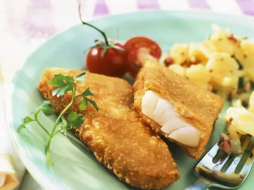 Knuspriger Backfisch mit cremigem Kartoffelsalat und frischer Petersilie, garniert mit Kirschtomaten.