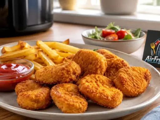 Knusprige chicken nuggets mit Pommes und Ketchup, perfekt aus der Heißluftfritteuse.