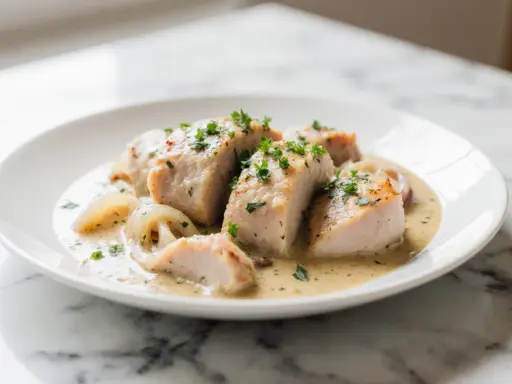 Zartes Geschnetzeltes mit cremiger Sauce und Zwiebeln, garniert mit Petersilie. Ein einfaches und köstliches Rezept.