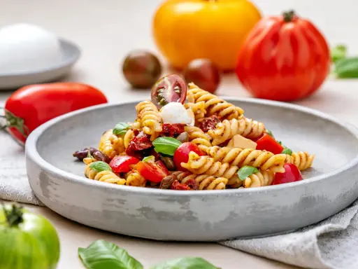 Ein köstlicher Nudelsalat mit Fusilli, Tomaten, Mozzarella und Basilikum. Perfekt für ein leichtes Mittagessen oder als Beilage. Ein tolles rezept nudelsalat!