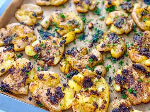 Knusprige, zerdrückte Pellkartoffeln vom Vortag mit Kräutern und Gewürzen, perfekt für leckere Rezepte.