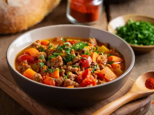 Herzhafte bauernpfanne mit kartoffeln und ei, garniert mit Petersilie. Daneben ein Brot und Gewürze.