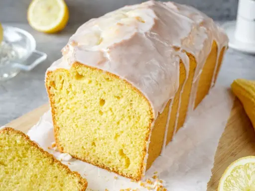 Saftiger Zitronenkuchen mit Zuckerguss, der aussieht wie der beste zitronenkuchen der welt. Ein Stück ist bereits angeschnitten.
