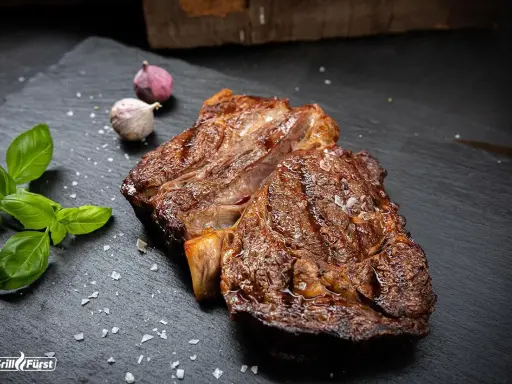 Perfekt gegrilltes Rib Eye Steak mit grobem Salz, Basilikum und Knoblauch auf schwarzem Stein.