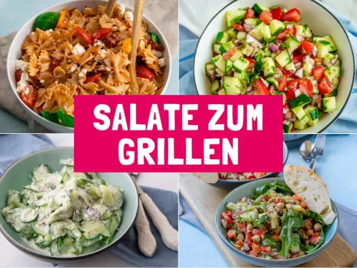 Vier leckere Salate für den Grill: Nudelsalat, Gurkensalat, Tomaten-Gurken-Salat und ein Thunfischsalat. Die 10 besten Salate für den Sommer.