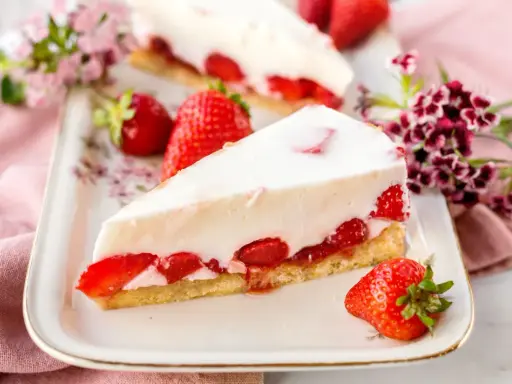 Ein Stück cremiger Erdbeerkuchen, der an Omas beste Kuchen Rezepte erinnert, mit frischen Erdbeeren und Blumen dekoriert.