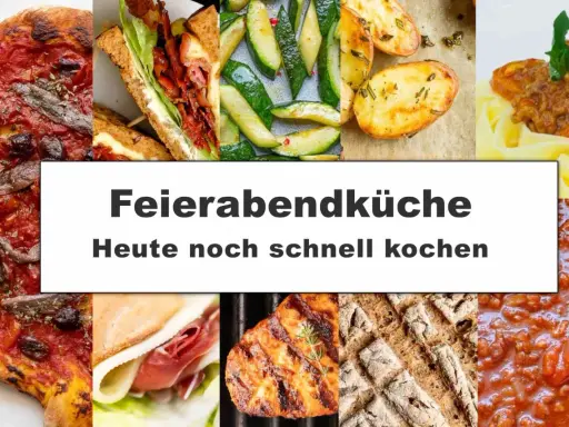 Collage mit Pizza, Sandwich, Zucchini, Kartoffeln, Pasta und Brot. Perfekt für schnelle Gerichte nach Feierabend.