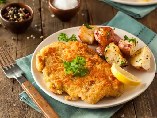 Goldbraunes Schnitzel, perfekt paniert, mit Rosmarinkartoffeln und Zitrone. Die richtige schnitzel panieren reihenfolge macht's!
