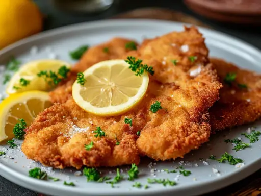 Ein knuspriges Wiener Schnitzel, garniert mit Zitronenspalten und Petersilie, wartet auf den Genuss.