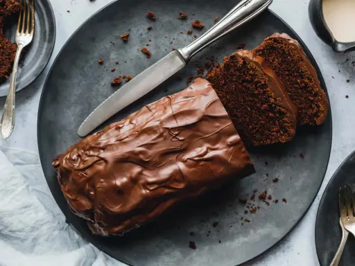 Saftiger Zucchini Schoko Kuchen mit Schokoladenglasur, angeschnitten auf einem dunklen Teller, daneben eine Gabel und ein Messer.