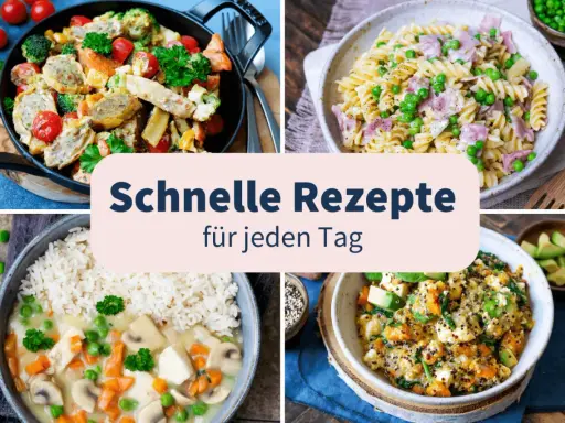 Vier leckere, leichte Sommergerichte: Pfanne mit Gemüse und Wurst, Nudeln mit Erbsen und Schinken, Hähnchen mit Reis und Pilzen, Quinoa-Bowl mit Avocado.