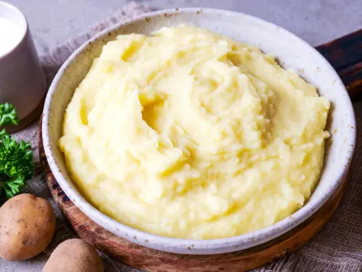 Cremiger Kartoffelbrei, perfekt für ein einfaches Kartoffelbrei Rezept. Dazu ein Krug Milch und frische Petersilie.