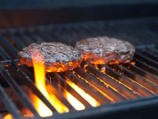 Zwei Burger-Patties auf einem Gasgrill, die Flammen lecken an ihnen hoch. Die richtige Temperatur ist entscheidend für das perfekte Burger-Grillen.