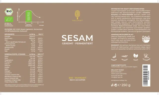 Bio-Sesam (gekeimt, fermentiert) ist gesund. Reich an Kupfer, Eisen und Vitaminen. Perfekt für Salate, Suppen oder Brot.