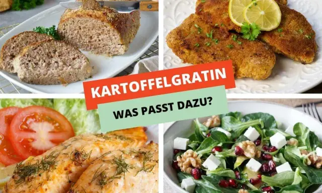 Vier Bilder zeigen Gerichte: Hackbraten, Schnitzel, Lachs und Salat. Was passt zu Kartoffelgratin vegetarisch?