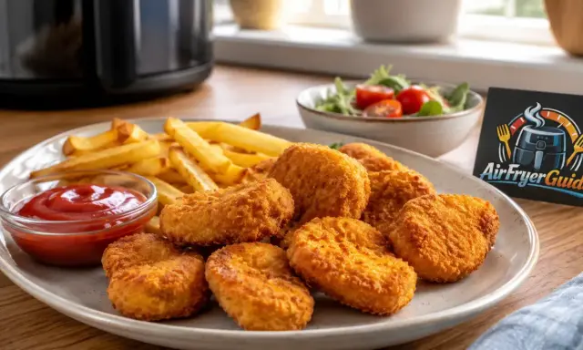 Knusprige chicken nuggets mit Pommes und Ketchup, perfekt aus der Heißluftfritteuse.