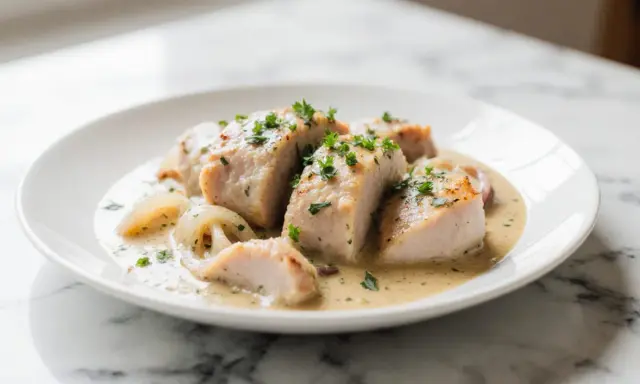 Zartes Geschnetzeltes mit cremiger Sauce und Zwiebeln, garniert mit Petersilie. Ein einfaches und köstliches Rezept.