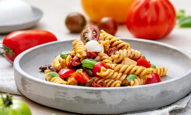 Ein köstlicher Nudelsalat mit Fusilli, Tomaten, Mozzarella und Basilikum. Perfekt für ein leichtes Mittagessen oder als Beilage. Ein tolles rezept nudelsalat!