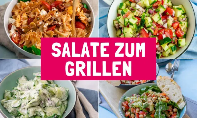 Vier leckere Salate für den Grill: Nudelsalat, Gurkensalat, Tomaten-Gurken-Salat und ein Thunfischsalat. Die 10 besten Salate für den Sommer.