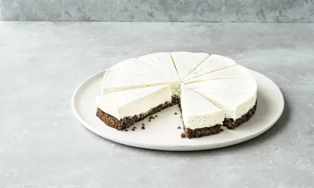 Cremiger Kuchen ohne Mehl, in Tortenstücke geschnitten, mit dunklem Boden und heller Füllung, garniert mit Vanillepunkten.