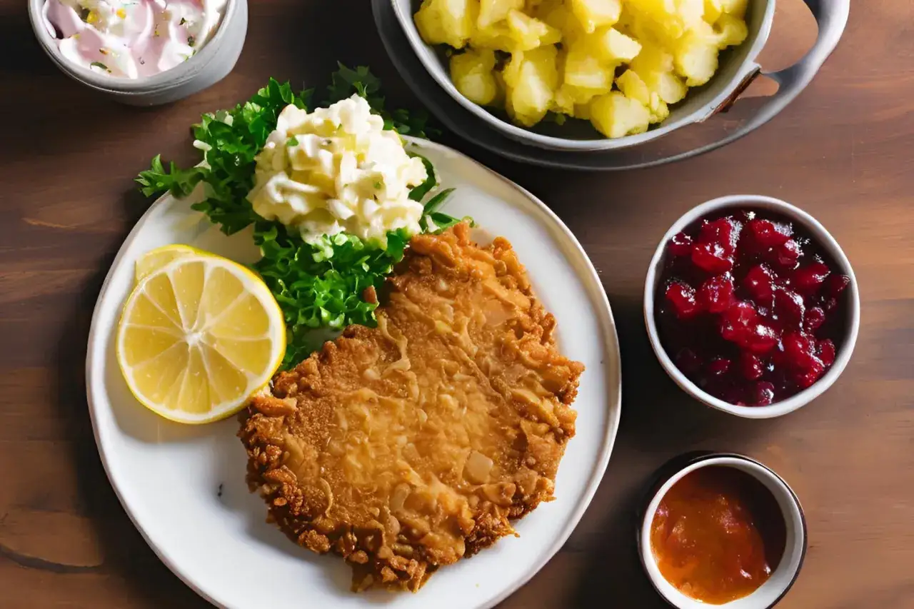 Knuspriges Wiener Schnitzel mit Preiselbeeren, Kartoffelsalat und Zitrone auf einem Teller.