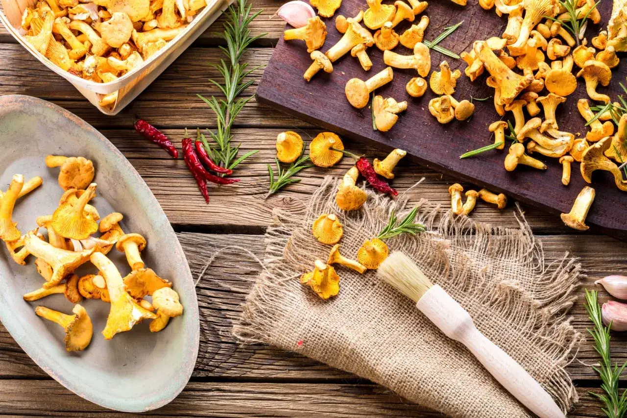 Frische Pfifferlinge putzen: Ein Pinsel liegt bereit, um die leuchtend gelben Pilze auf einem rustikalen Holztisch zu s&auml;ubern.