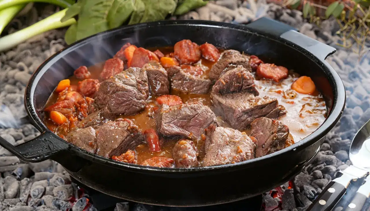 Herzhafte Rindfleischst&uuml;cke schmoren in einem Dutch Oven mit Karotten und Chorizo. Ein Klassiker f&uuml;r Dutch Oven Rezepte Rind.