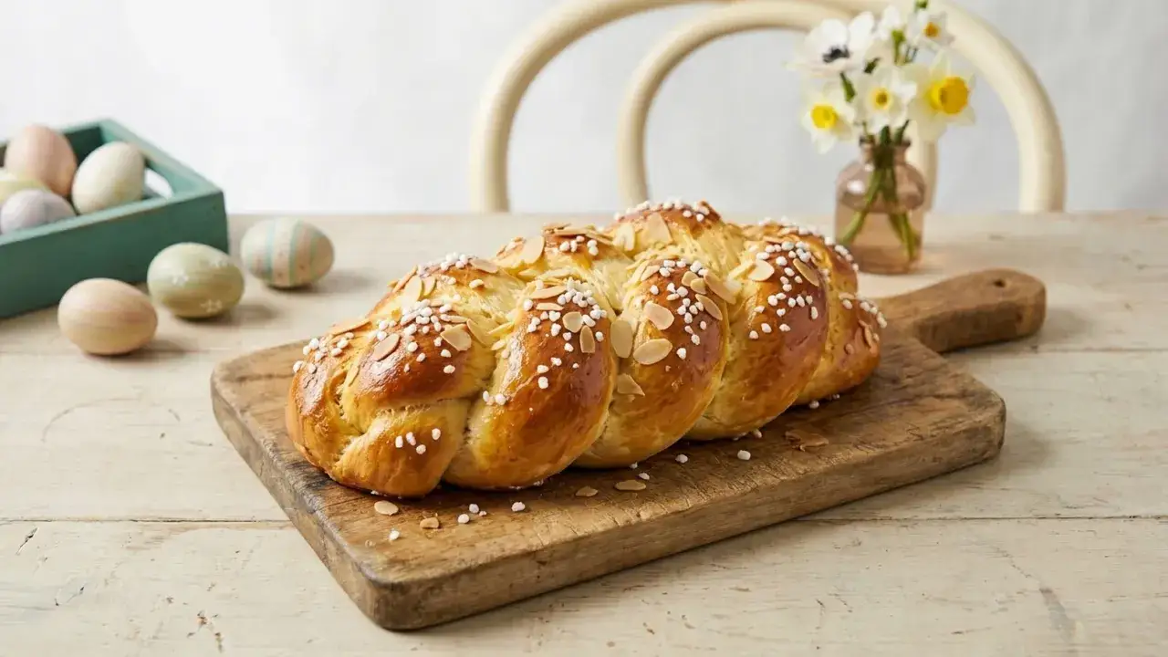 Goldbrauner Hefezopf mit Mandeln und Hagelzucker, perfekt für ein Osterfrühstück. Das Hefezopf Rezept ist einfach und gelingt immer.