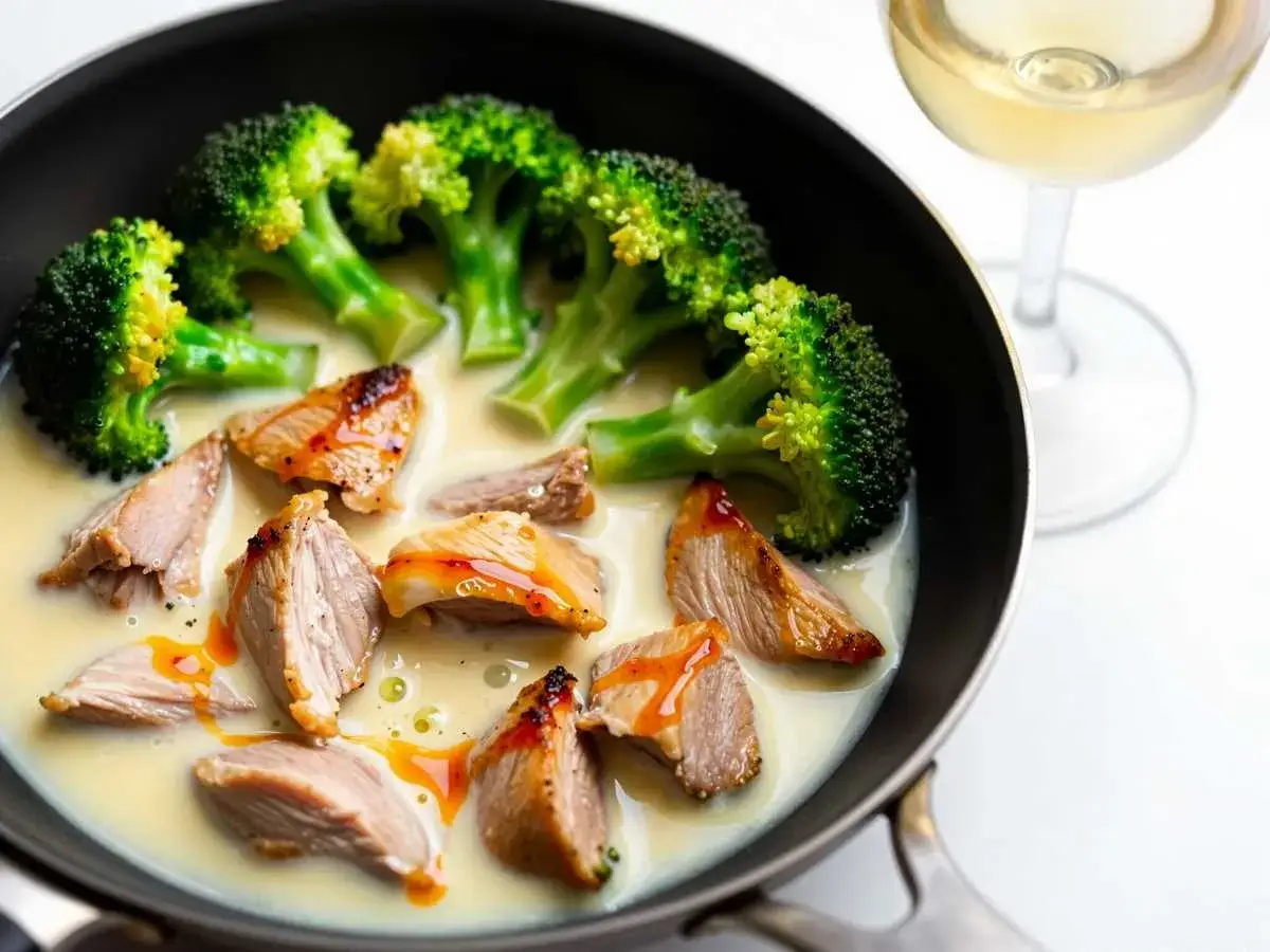 Leckeres H&auml;hnchen-Geschnetzeltes mit Brokkoli in cremiger Sauce, perfekt f&uuml;r ein schnelles Abendessen. Ein Glas Wei&szlig;wein rundet das Gericht ab.