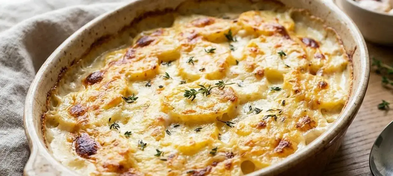 Ein goldbraun &uuml;berbackenes Kartoffelgratin mit frischem Thymian, perfekt f&uuml;r ein gem&uuml;tliches Abendessen. Dieses Kartoffelgratin Rezept ist ein Klassiker.
