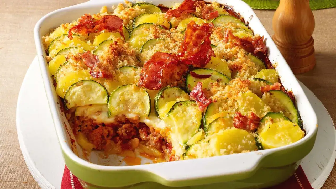 Herzhafter zucchini hackfleisch auflauf mit Kartoffeln und knuspriger Kruste, garniert mit Speckstreifen.