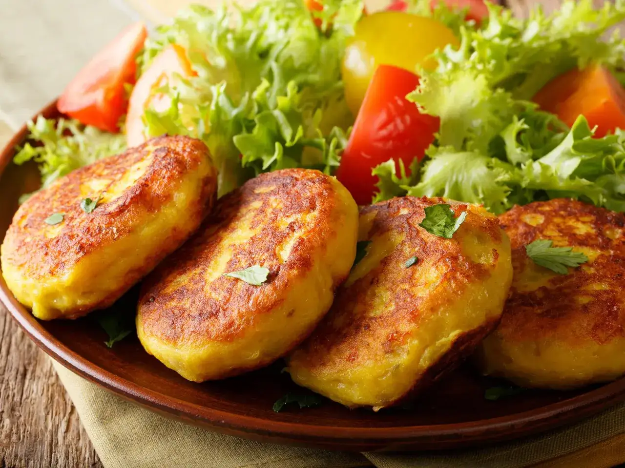 Herzhafte Kartoffelpuffer, eine k&ouml;stliche Idee f&uuml;r Rezepte mit Pellkartoffeln vom Vortag, serviert mit frischem Salat.