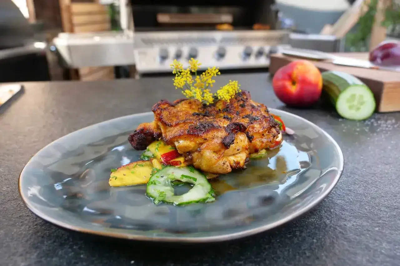 Saftiges pollo fino grillen mit frischem Gurken-Pfirsich-Salat, garniert mit Dillbl&uuml;ten. Perfekt f&uuml;r den Sommer.
