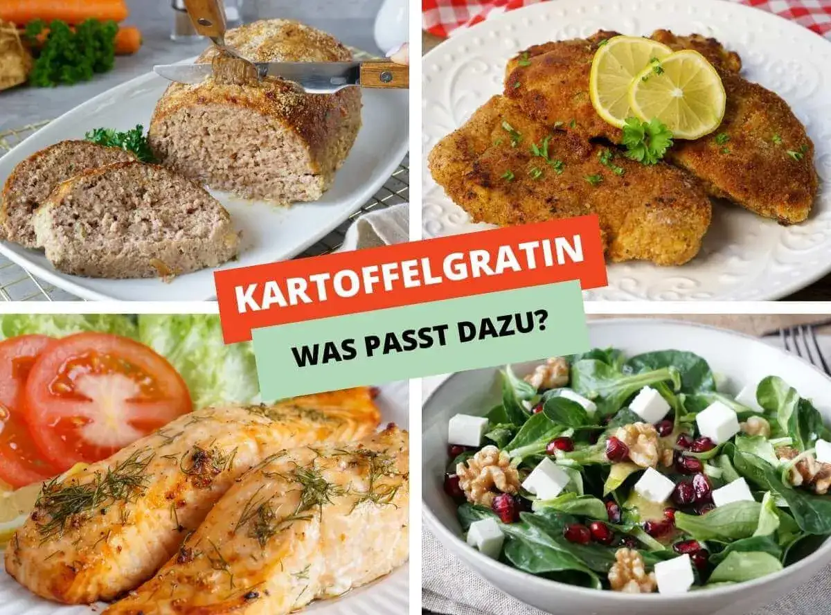 Vier Bilder zeigen: Hackbraten, paniertes Schnitzel, Lachsfilet und einen Salat. Was passt zu Kartoffelgratin vegetarisch?
