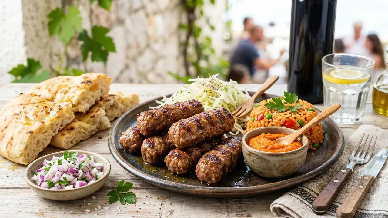 Herzhaftes Cevapcici-Rezept: Gegrillte Hackfleischröllchen mit Reis, Krautsalat und Fladenbrot. Ein Genuss!