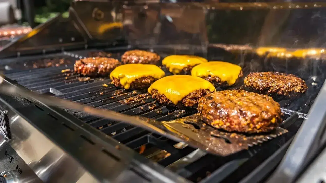 Burger-Patties schmelzen auf dem Gasgrill. Die richtige Temperatur ist entscheidend für das perfekte Burger-Grillen.
