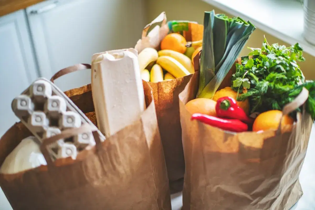 Zwei Papiert&uuml;ten voller frischer Lebensmittel, ideal f&uuml;r g&uuml;nstige 1 Euro Rezepte Wochenplan. Eierkartons, Bananen, Lauch und Kr&auml;uter.