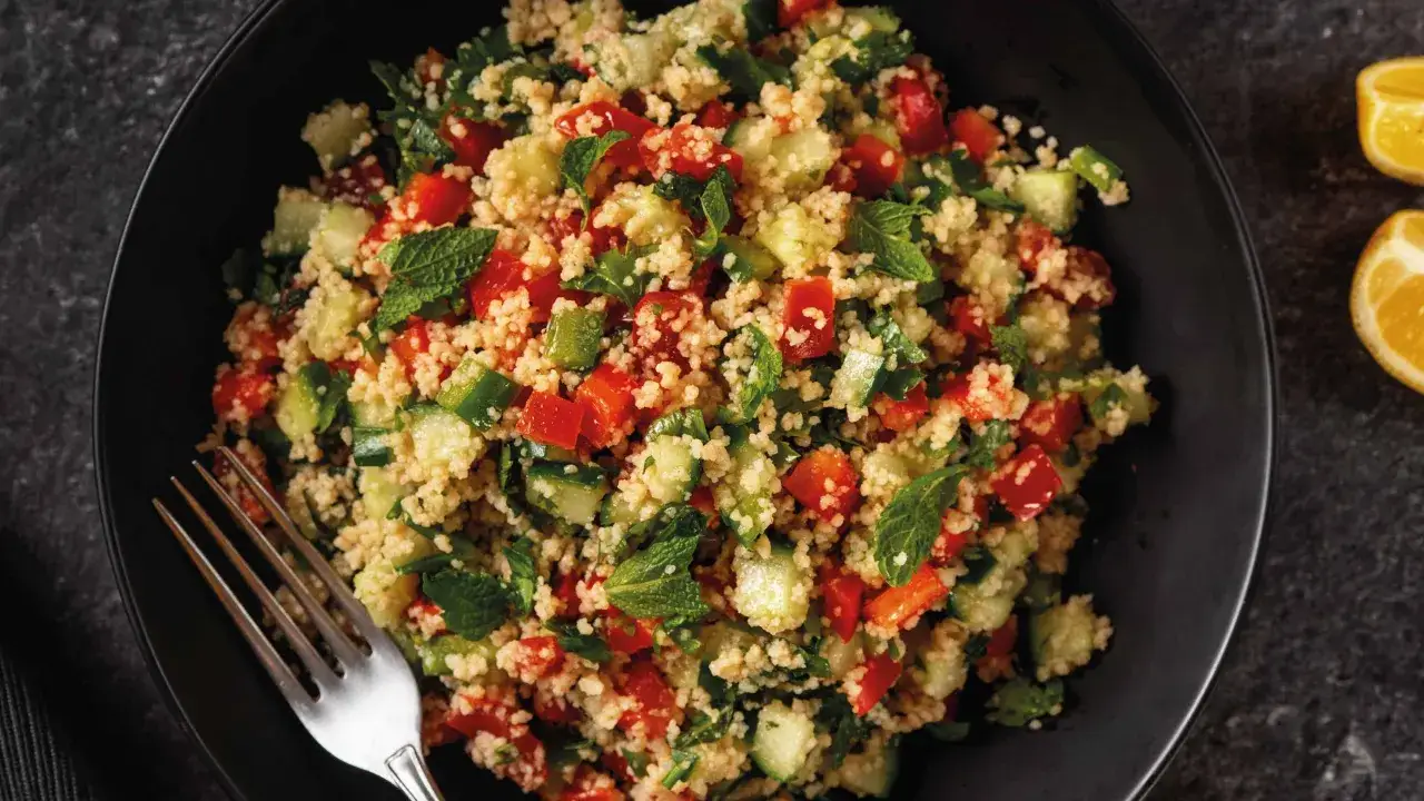Frischer Couscous Salat mit Tomaten, Gurken und Minze in einer schwarzen Sch&uuml;ssel, bereit zum Genie&szlig;en.