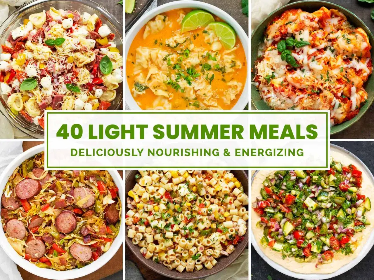 Leichte Sommergerichte: Tortellinisalat, Suppe, Auflauf, Wurst-Gemüse-Pfanne, Nudelsalat und frische Salsa – perfekt für warmes Wetter.