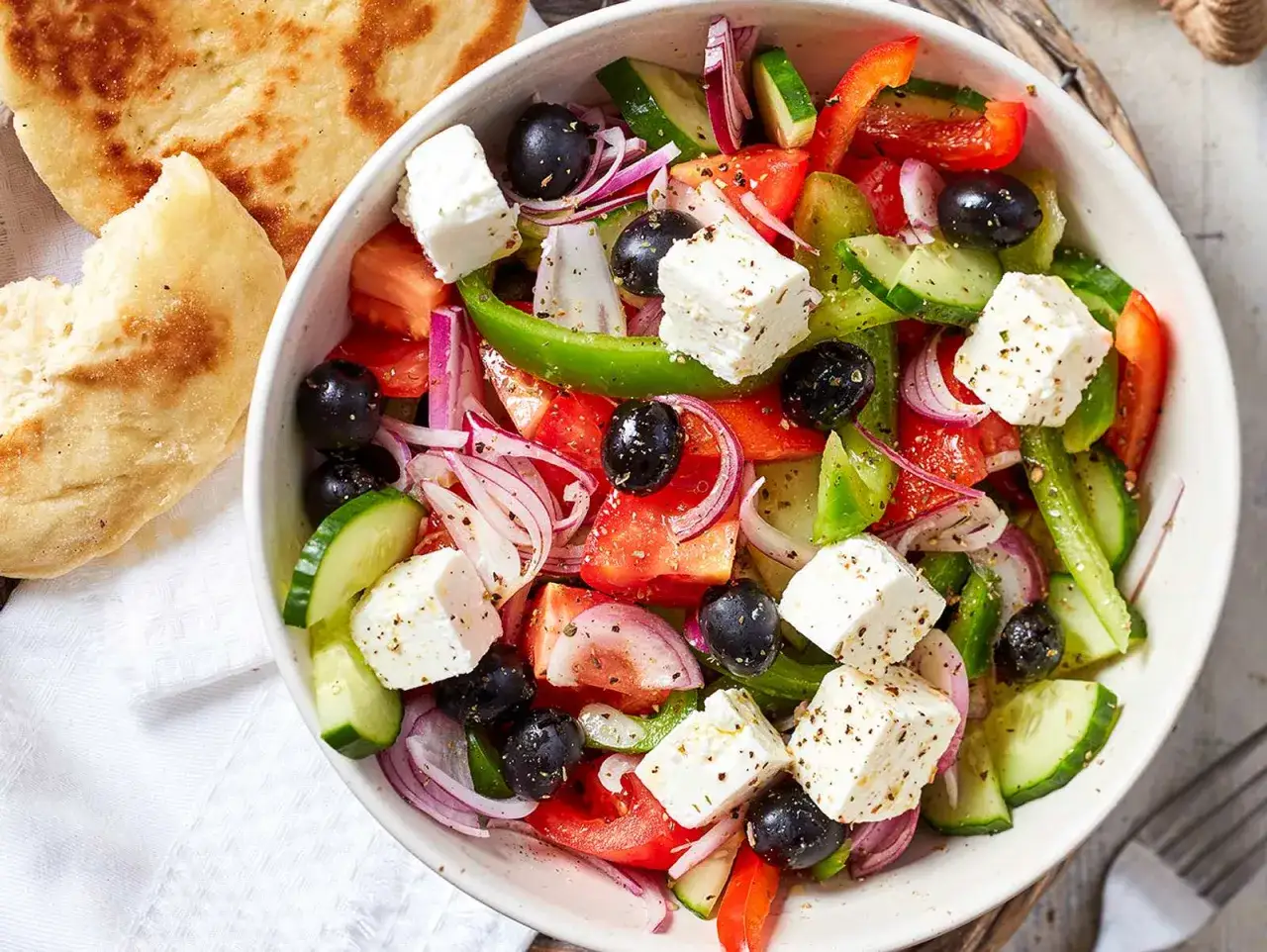 Frischer griechischer Salat mit Tomaten, Gurken, Paprika, roten Zwiebeln, schwarzen Oliven und Feta-K&auml;se, serviert mit Fladenbrot.