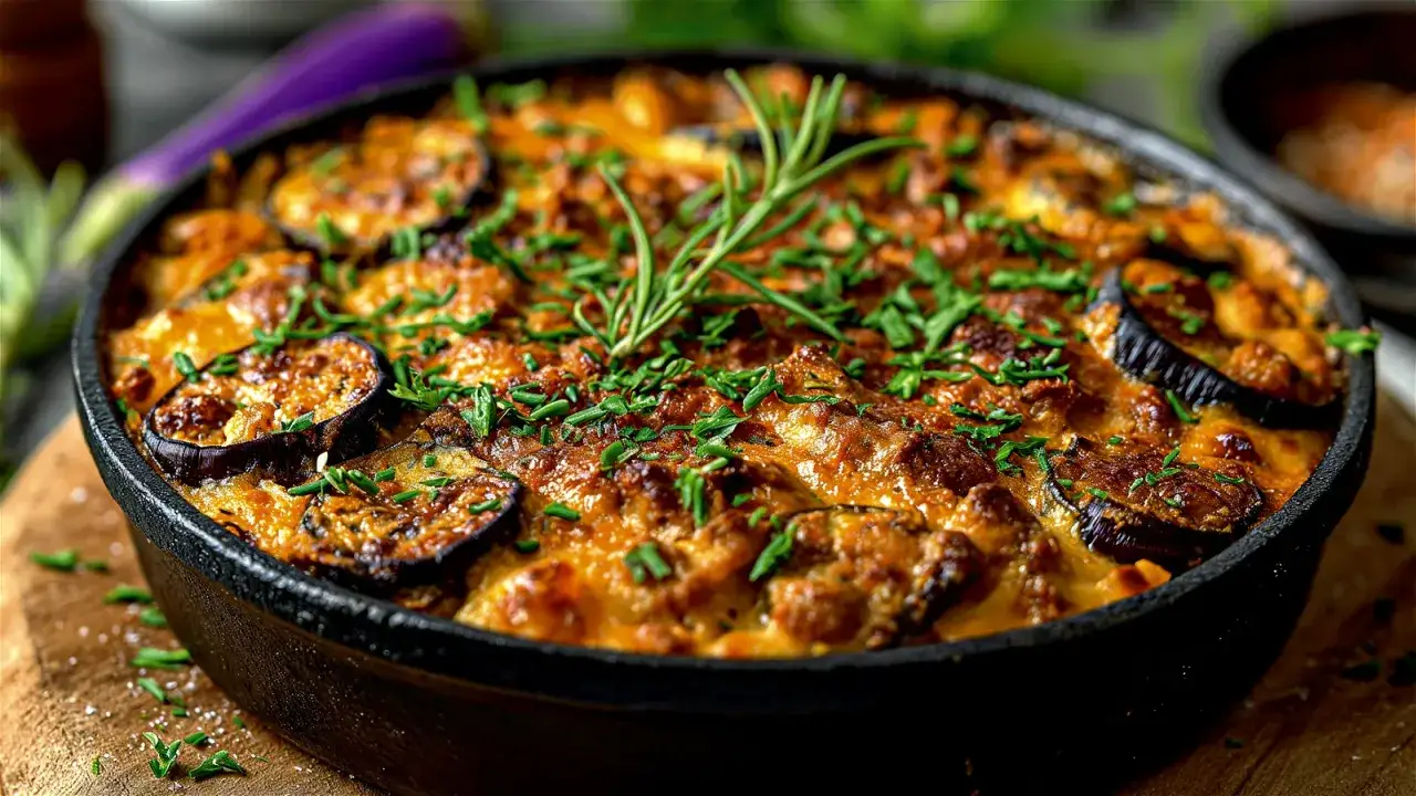 Ein köstliches Moussaka Rezept original griechisch, mit Auberginenscheiben, Hackfleisch und cremiger Béchamelsauce, garniert mit Rosmarin und Petersilie.