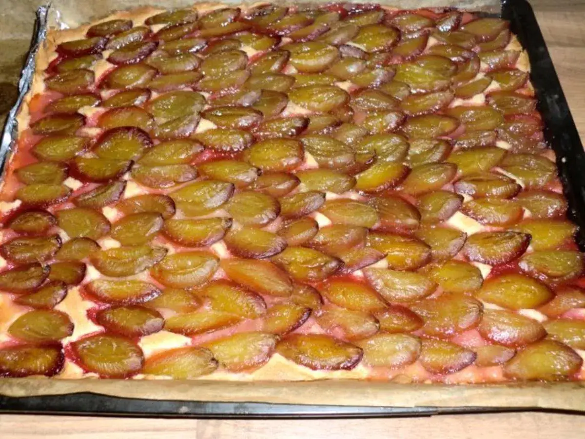 Ein saftiger Zwetschgenkuchen vom Blech, mit vielen s&uuml;&szlig;en Fr&uuml;chten belegt und goldbraun gebacken.