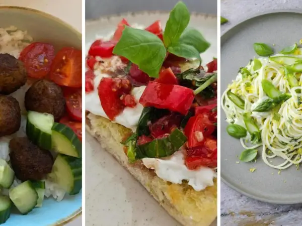 Leckeres Essen bei warmen Wetter: Hackbällchen mit Reis und Gurke, Bruschetta mit Tomaten und Mozzarella, Spaghetti mit Spargel und Zitrone.