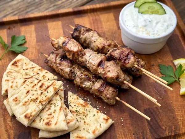 Gegrillte Souvlaki-Spieße mit Schweinefleisch, dazu Pitabrot, Tzatziki und Zitrone.